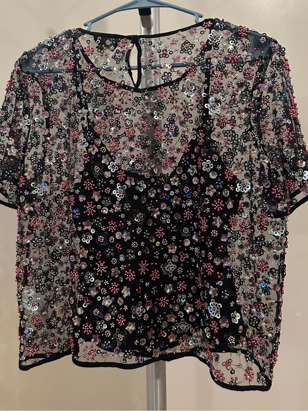 J. Crew Collection Black Sheer Beaded Floral Overlay Camisole